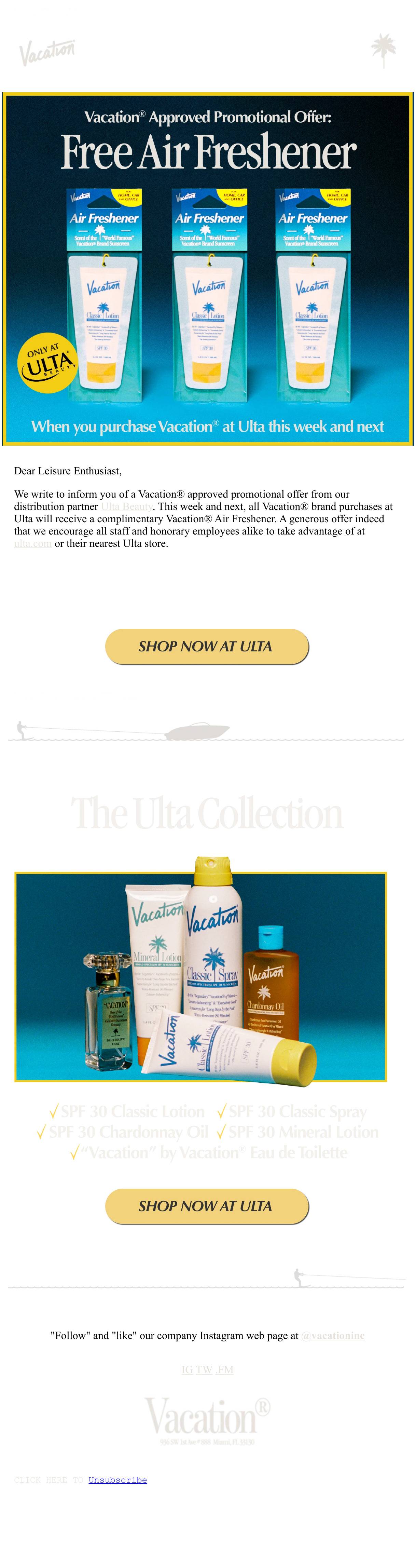 Vacation® x Ulta Beauty: limited offer copy including rolling out new air fresheners and discounts.